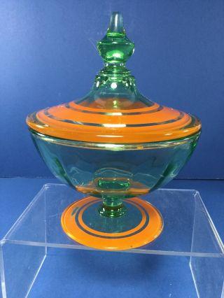 Vintage,  6.  25 " Green W/ Orange Stripes Pedestal Candy Dish W/ Lid