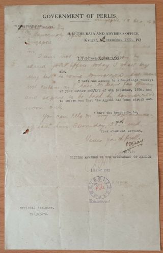 1930 Malaya Perlis Official Document British Resident Signature Scarce