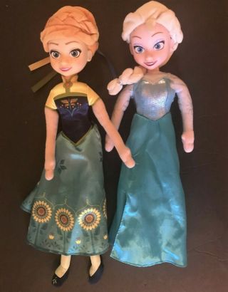 2 Disney Frozen Princess Plush Dolls Anna Elsa Plastic Face