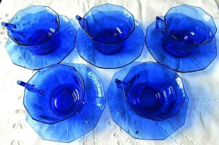 Cambridge Glass Royal Blue Decagon 5 Cups & 6 Saucers Depression Era