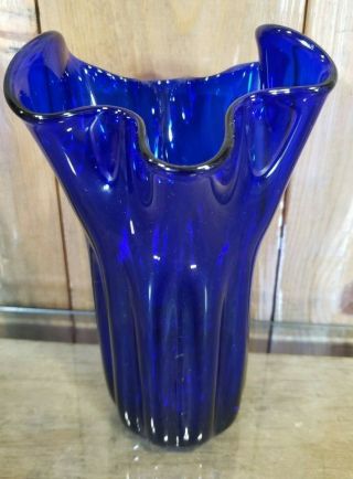Art Glass Vase Hand Blown Cobalt Blue Form 8 " X 4 "