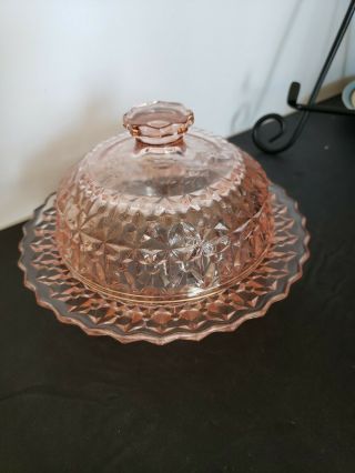 Pink Depression Glass Holiday Buttons And Bows Butter Dish With Lid Jeanette
