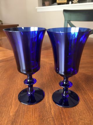 Two (2) Vintage Royal Crystal Poland Cobalt Blue Wine Goblet 5 3/4 "