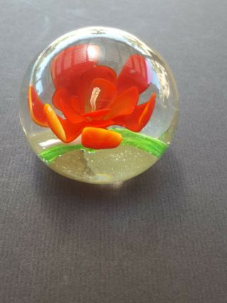 Vintage Art Glass Paperweight Red Flower.  2.  25 "