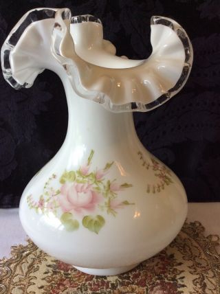 Fenton Silvercrest Double Crimped Vase With Hand Painted Pink Roses Signed