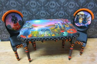 Dollhouse Miniature Hand Painted Halloween Table Chairs Artisan Ooak 1:12
