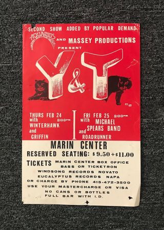 1983 Y & T (yesterday & Today) Rock Music Concert Poster,  Marin Center