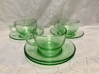 Vintage Vaseline/uranium Green Depression Glass (3) Cups & (4) Saucers