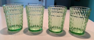 Four Vintage Federal Glass Company Green Diamond Optic Depression Glass Tumblers