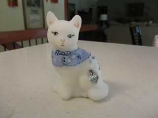 Fenton Rare? Hand Painted Cat,  Bow Tie,  Blue / White Stars,