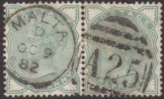 Gb Malta 1882 Qv ½d Pale Green Pair With A25 Postmark Sg Z90