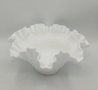 Vintage Fenton White Milk Glass Hobnail Ruffled Edge Bowl Dish