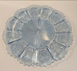 Vintage Blue Depression Glass Cake Plate with Thistle Pattern 2