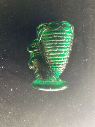 Rare Vintage L.  G.  Wright Glass Green Bunny Rabbit With Basket Toothpick Holder 2