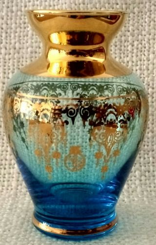 Vecchia Murano Art Glass Vase,  Blue With Gold Details,  Vr Hallmark