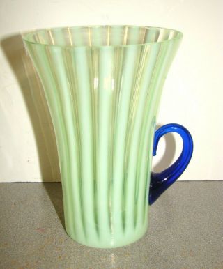 Vintage Fenton Rib Optic Green Opalescent Glass Cobalt Handled Lemonade Tumbler