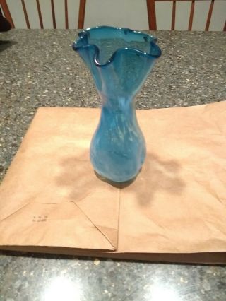 Vintage Turquoise Blue Hand Blown Art Glass Vase With White Swirls 7 "