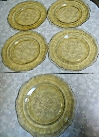 5 Vintage Federal Depression Glass Patrician Spoke Amber 9 " Luncheon Plates