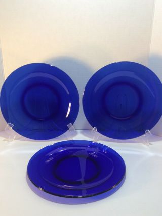 Set Of 3 Vintage Dark Cobalt Blue Solid Glass Dinner Plates - 10.  25”