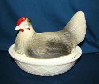 Westmoreland Hand Painted Milk Glass Hen On Nest Covered Dish
