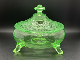 Cambridge Glass Emerald Green Three Toe Covered Candy Dish with Windows Etch 2