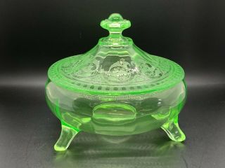 Cambridge Glass Emerald Green Three Toe Covered Candy Dish with Windows Etch 3