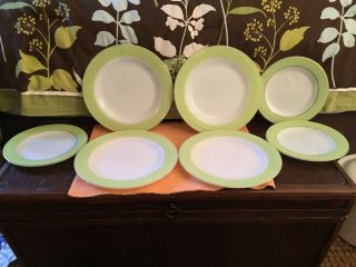 7 Pyrex Vintage White Milk Glass Green And Gold Band 10” Dinner/ 8 " Salad Plates