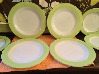 7 Pyrex Vintage White Milk Glass Green And Gold Band 10” Dinner/ 8 