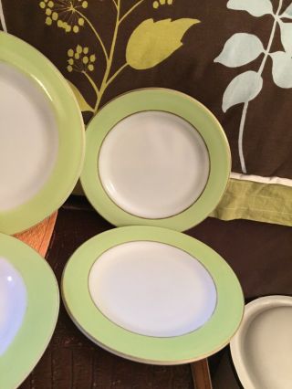 7 Pyrex Vintage White Milk Glass Green And Gold Band 10” Dinner/ 8 