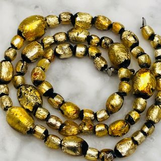 Vintage Gold Foil Glass Bead Necklace 22 Inches
