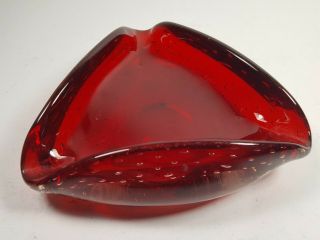 Vintage Whitefriars - Triangular Red Controlled Bubble Art Glass Ash Tray Bowl