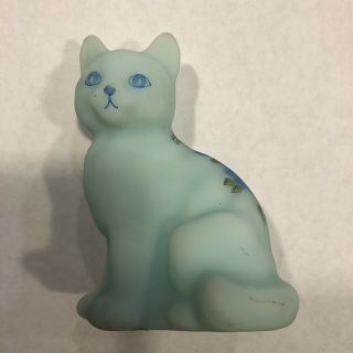 Fenton Glass Blue Satin Sitting Cat Hand Painted Flowers Signed By Cathy Th