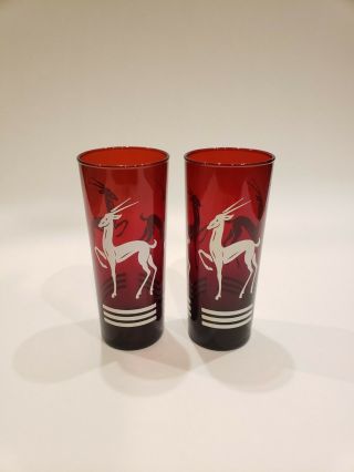 2 Vtg Fire King Royal Ruby Red Gazelle Design 6.  5 " Tall Iced Tea Collins Glasses
