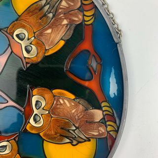 Vtg Round OWL Leaded Hand Painted Stained Glass Sun Catcher 70s Boho Decor 3