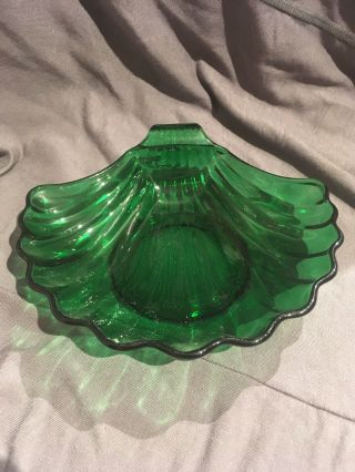 Vintage Anchor Hocking Forest Emerald Green Glass Sea Shell Dish Plate