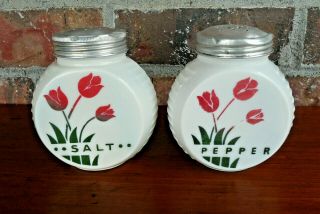 Vintage Fire King Vitrock Red Tulips Salt And Pepper Range Stove Top Shakers