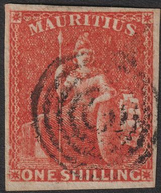 Mauritius 1859 Qv Britannia 1sh Vermilion Imperf Sg34 Cat £75 Target Pmk