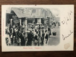 Straits Settlements Old Postcard Street Scene Singapore To Italy 1902