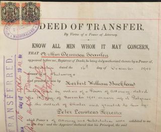 Rhodesia Bsac 1901 Deed Of Transfer Revenue Document Bearing £1 X 2 Coat Of Arms