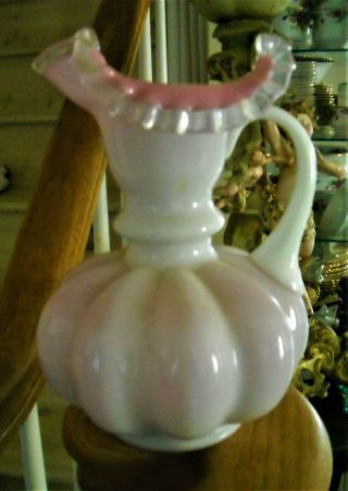 Vintage Fenton Pink And White Cased Glass Pitcher Silvercrest Large Size 9 Inch