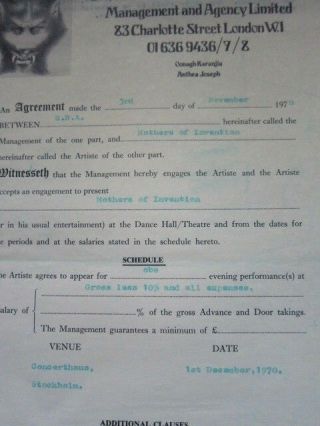 Frank Zappa Mothers Of Invention Concert Contract Stockholm 1970 Unsigned
