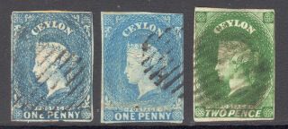 Ceylon 1857 - 59 Qv 1d Blue X2 & 2d Green Wmk Star Imperf U,  Sg 2,  A,  3 Cat £190