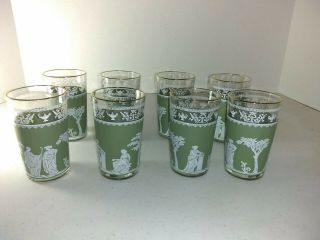 8 Jeannette Glass Hellenic Wedgewood Green Jasperware 6 Oz Juice Glasses W/ Box