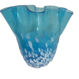Large Vase Hand Blown Art Glass Ruffle Handkerchief With Confetti.