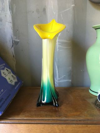 Murano Style Jack In The Pulpit Art Glass Vase Yellow Teal White 12”