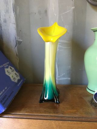 Murano Style Jack In The Pulpit Art Glass Vase Yellow Teal White 12” 2