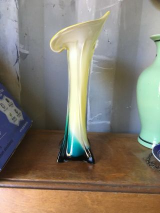 Murano Style Jack In The Pulpit Art Glass Vase Yellow Teal White 12” 3