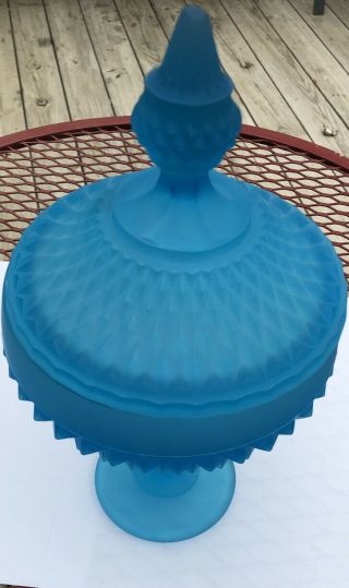 Vintage Indiana Glass Blue Satin Frosted Diamond Point Candy Dish Compote & Lid