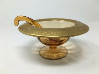 Vintage Elegant Glass Mayonnaise Bowl W/spoon Amber Gold Encrusted Depression