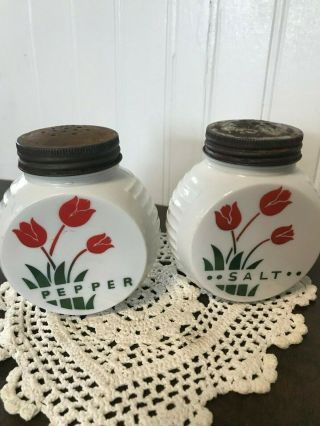 Vintage 40s 50s Salt & Pepper Shakers White Milk Glass Painted Tulips